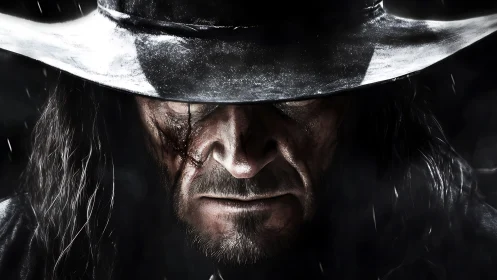 Weathered gunslinger portrait under shadowed brim.