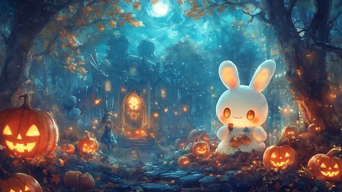 Cute ghost rabbit guards glowing pumpkins in haunted forest