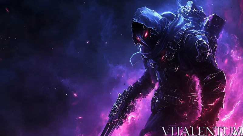 Lone neon rogue strides through swirling cosmic fire.