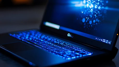 Backlit laptop keyboard in low-key blue illumination study.