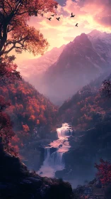 Cascading mountain waterfalls glow beneath a cinematic dusk sky