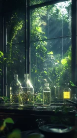 Sunlit glass flasks quietly brew a secret forest elixir