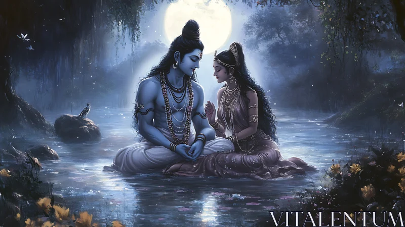 Moonlit river romance with divine lovers in quiet bliss.