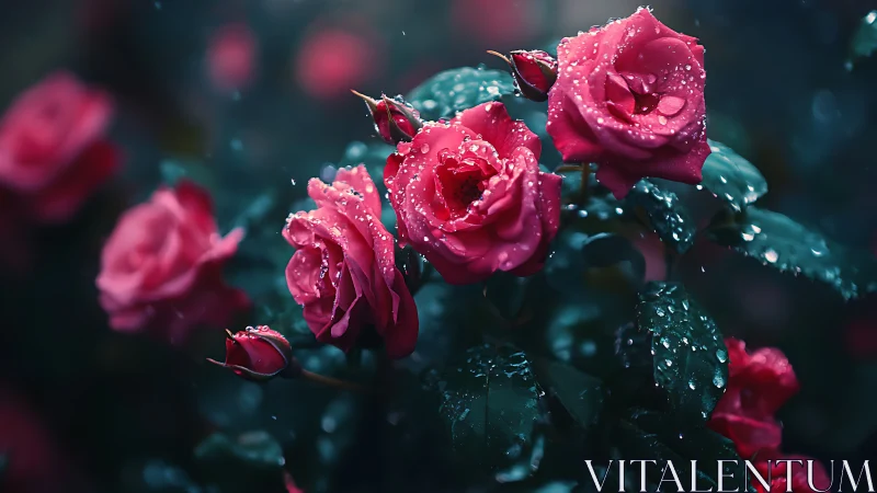 Magenta roses with water droplets displayed against dark teal foliage background