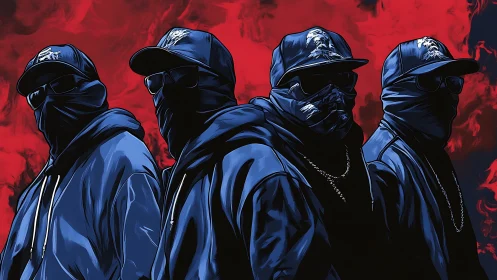 Masked street crew in blue hoodies against red smoke backdrop.