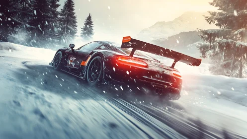 GT race car countersteers through icy mountain hairpin in dynamic drift