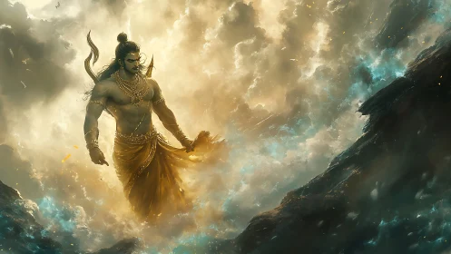 Mythic warrior emerging through volumetric storm clouds.