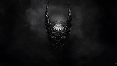 Dark horned mask emerging from swirling shadowed mist.