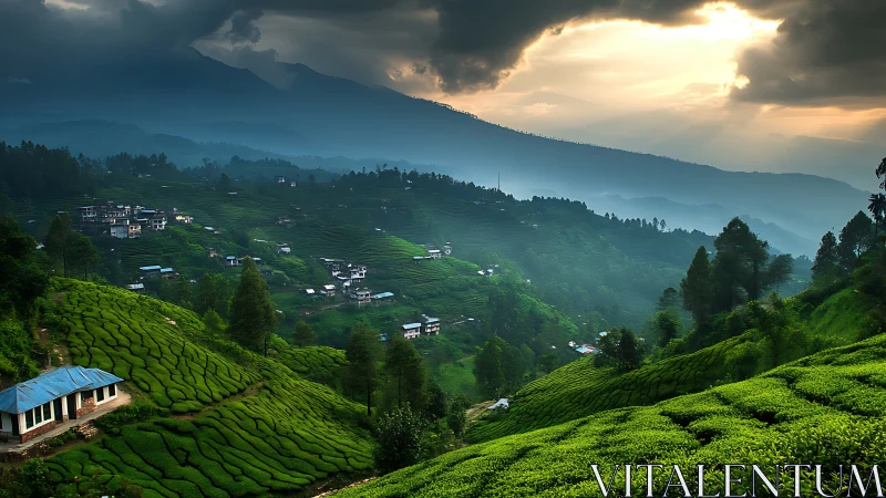 Mountain tea terraces under stormy sunset sky glow