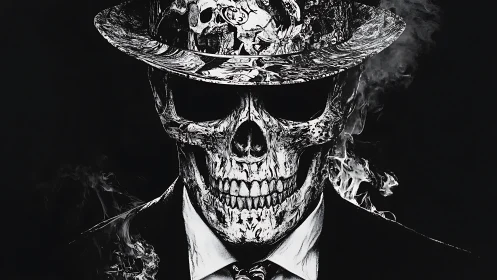 Monochrome skeletal dandy in smoke, high-contrast digital portrait.