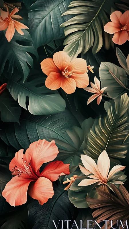 Layered Tropical Florals: Hibiscus and Monstera in Atmospheric Composition.