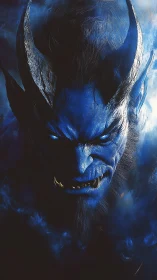 Midnight horned warlord smiles through stormlit shadow