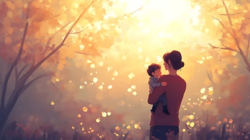 Mother and child share a golden autumn forest embrace