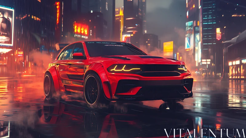 Crimson street racer gliding through neon city rainstorms.