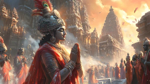 Ritual procession before South Indian gopurams at dawn.