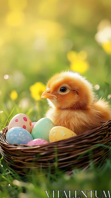 Photorealistic chick in wicker nest with pastel Easter eggs.