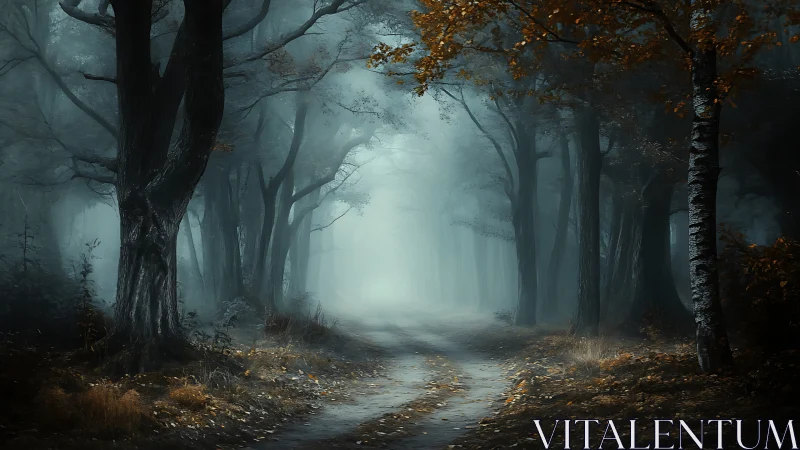 Misty Forest Path Through Ancient Trees.