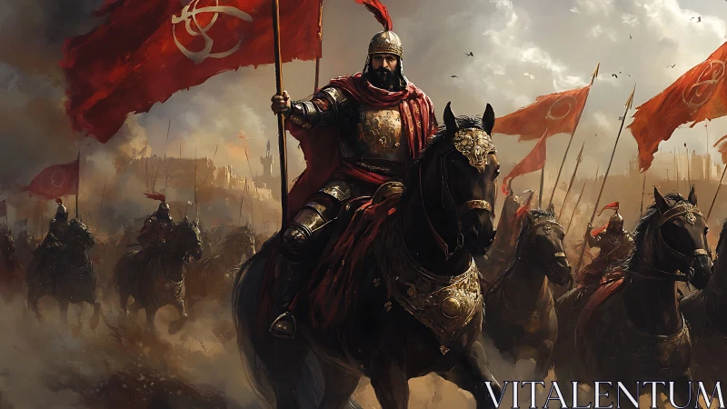 Armored warlord leads crimson cavalry toward stormed citadel.