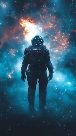 Solitary astronaut drifts toward a glowing cosmic gateway