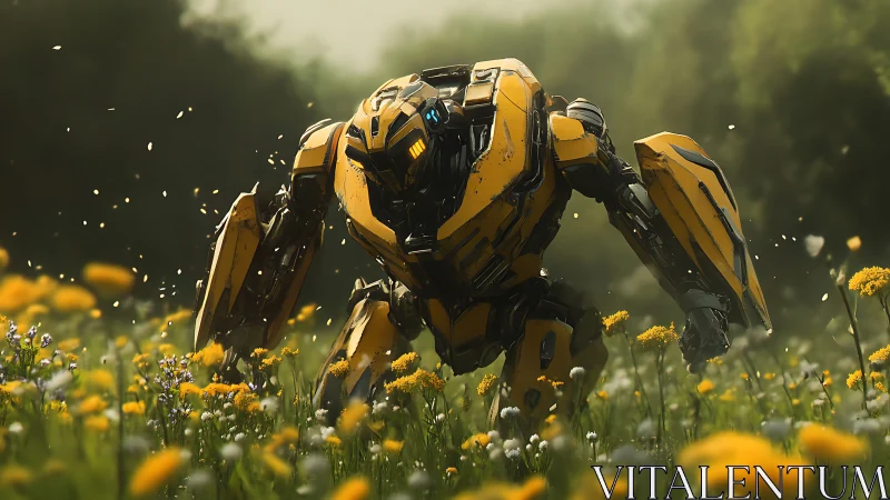 Curious yellow robot gently explores a sunny wildflower field