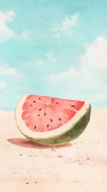 Digital painting of beachside watermelon slice composition.