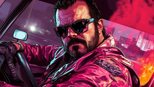 Neon lit retro driver in stylized vector portrait at night