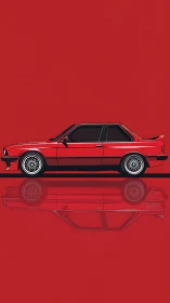 Iconic red coupe profile on minimalist reflective field.