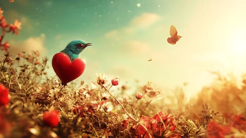 Turquoise hummingbird holds red heart among wildflower field.