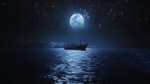 Moonlit ocean liner silhouette under deep nocturnal seascape.