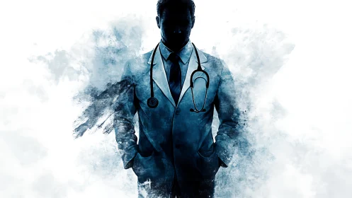 Silhouetted medical professional in abstract blue textures.