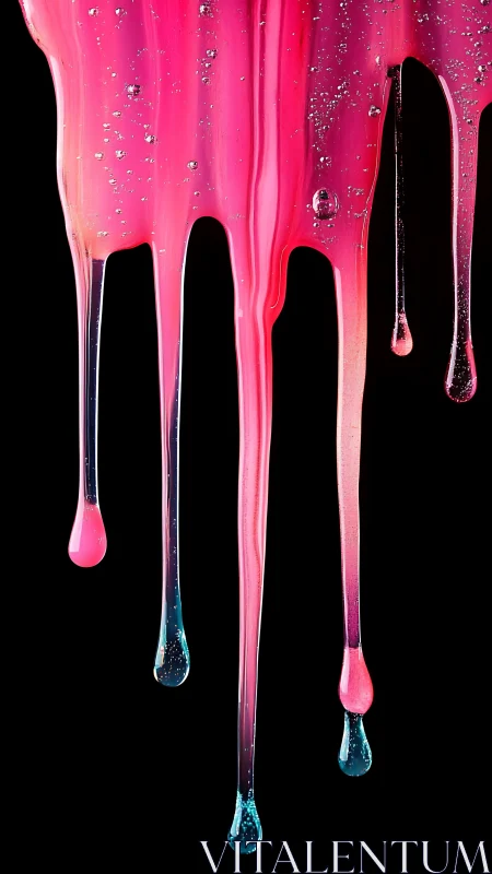 Neon pink liquid drips suspended against deep black void.