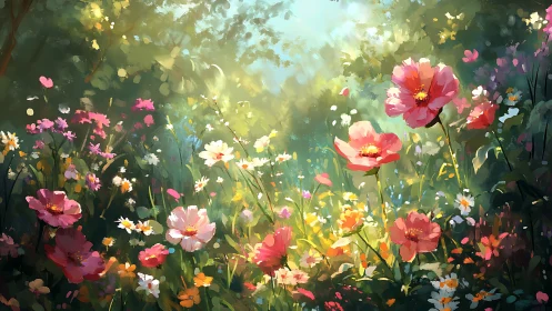 Field of mixed flowering plants with luminous atmospheric rendering
