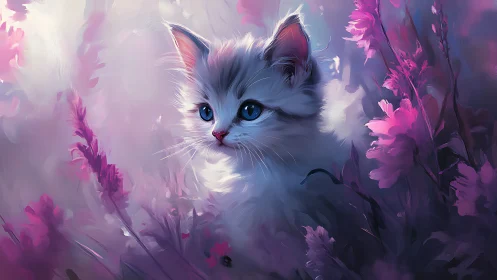 Ethereal White Kitten Among Blooming Magenta Flowers.