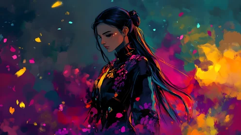 Melancholic woman in dark attire amid high-saturation bokeh clouds