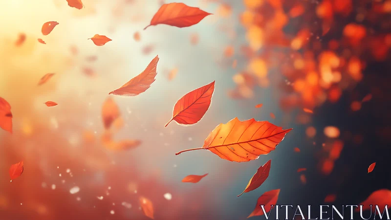 Autumn leaves swirl in warm light against a dreamy sky
