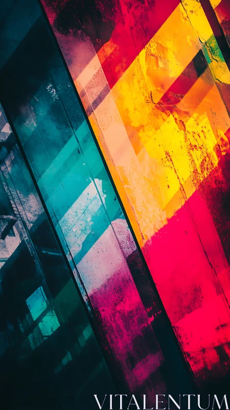 Vibrant diagonal color beams cut across a grunge surface.
