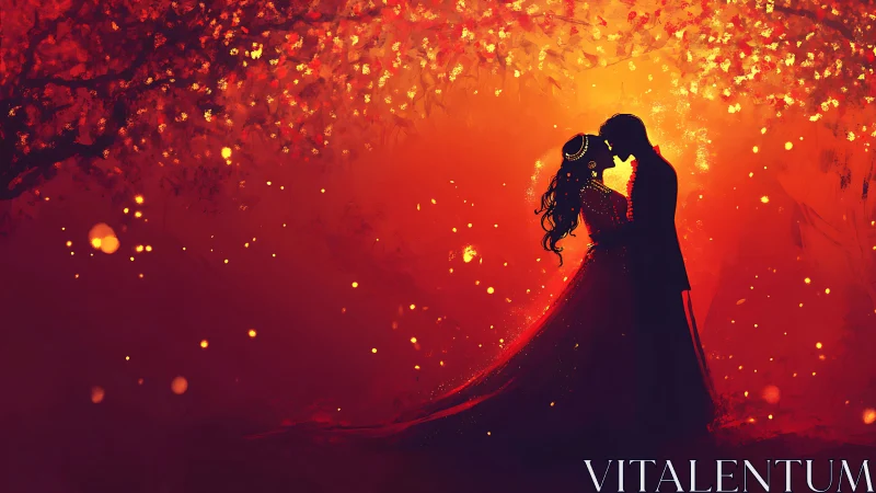 Silhouetted couple with flowing gown beneath radiant golden particle cascade.