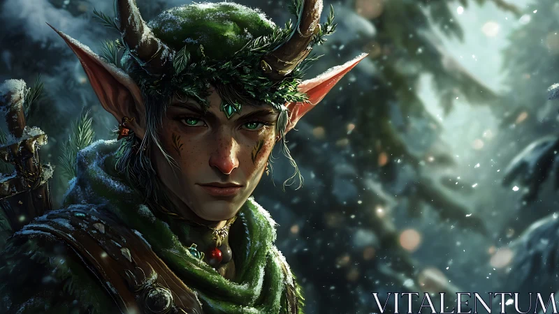 Winter ranger elf with antler crown in snowy forest dusk.