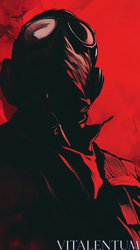 Masked figure in red dystopian gas mask portrait illustration.
