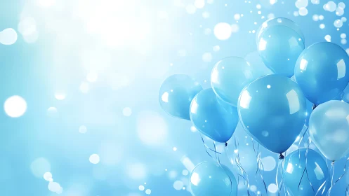 Blue balloons suspended in bokeh-filled atmospheric space