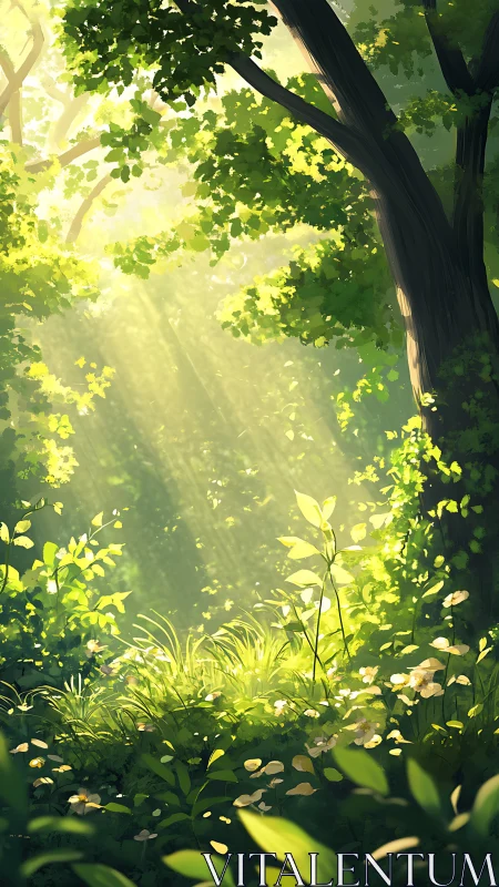 Enchanted Forest Sanctuary Bathed in Golden Hour Luminescence.