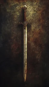 Medieval longsword hangs against worn textured wall
