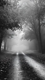 Foggy tree-lined road with wet surface in grayscale view.
