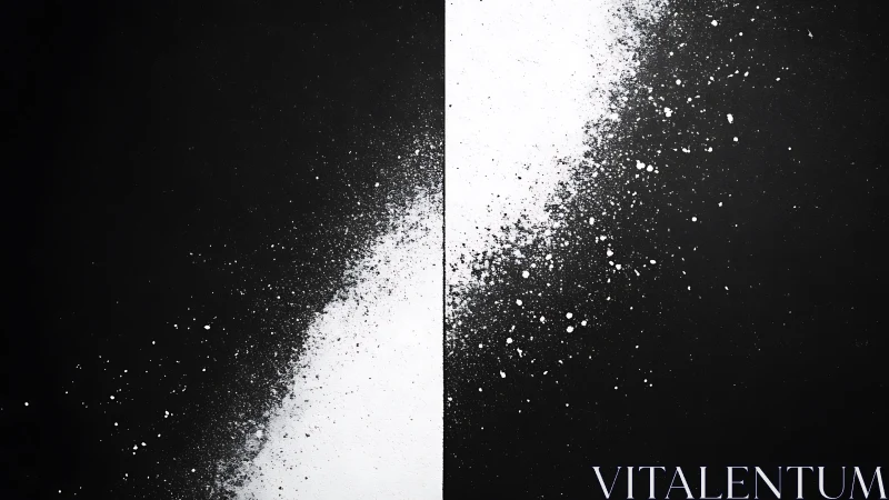 Monochrome vertical split with dispersed paint particles.