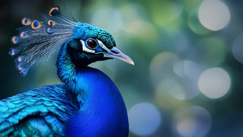 Side-profile macro of iridescent peafowl plumage under shallow DOF