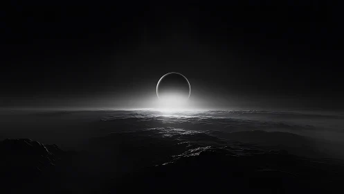 Silent eclipse over frozen alien dunes in silver hush.