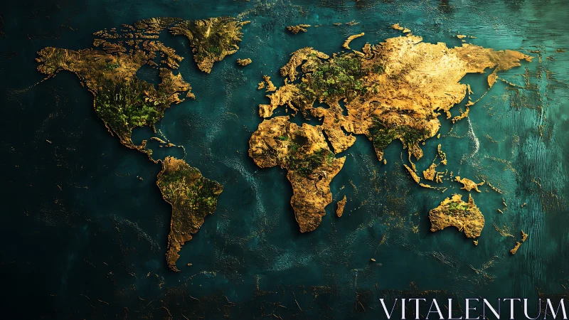 Textured golden world map on teal abstract surface.