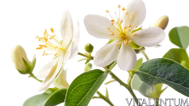 Jasmine Blossoms with Golden Stamens and Green Foliage.