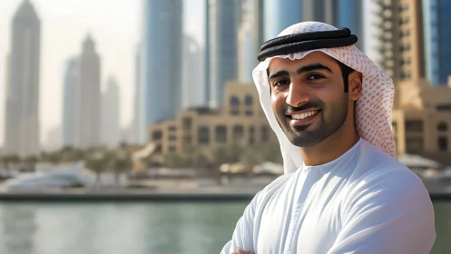 Confident Emirati professional smiles against marina skyline.