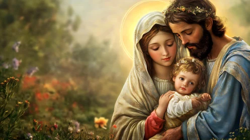 Holy family portrait glows softly in sunlit wildflower meadow